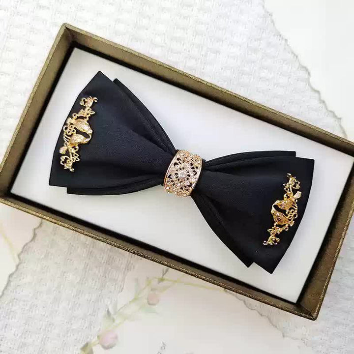 Men's Gold Metal Branches Bird Double Layers Bow Tie - Style #1 - Black - image 6