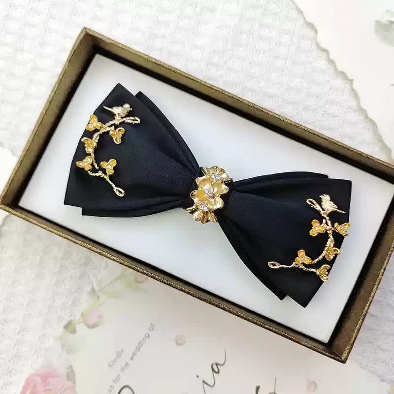 Men's Gold Metal Branches Bird Double Layers Bow Tie - Style #2 - Black - image 10