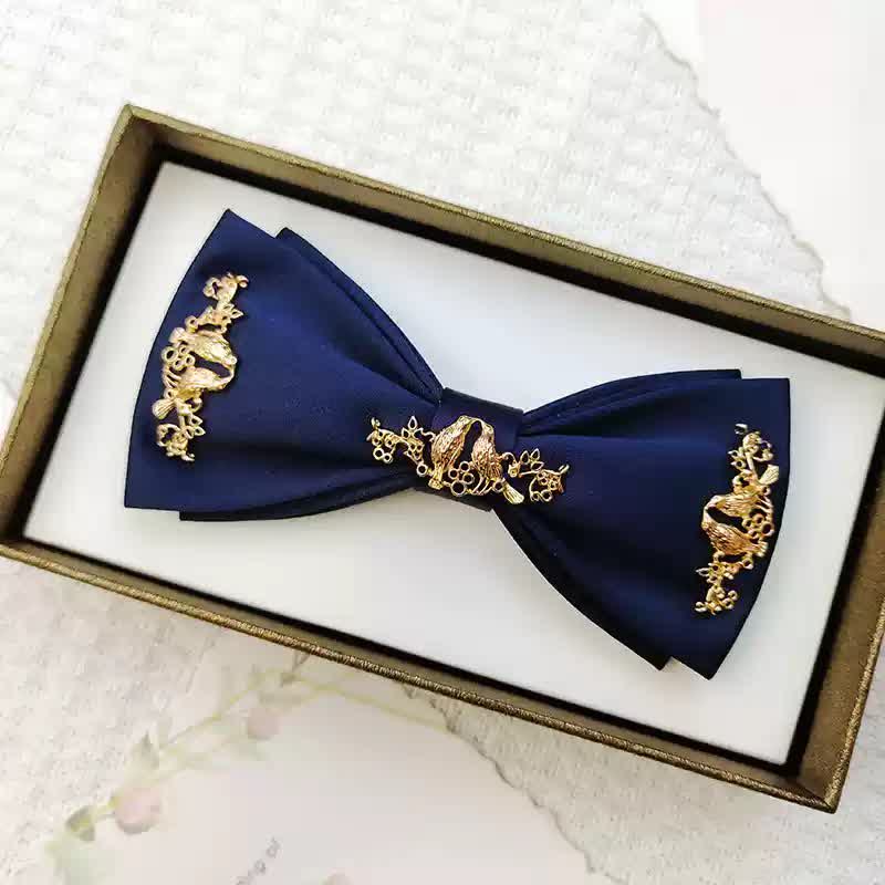 Men's Gold Metal Branches Bird Double Layers Bow Tie - Style #3 - Navy - image 5