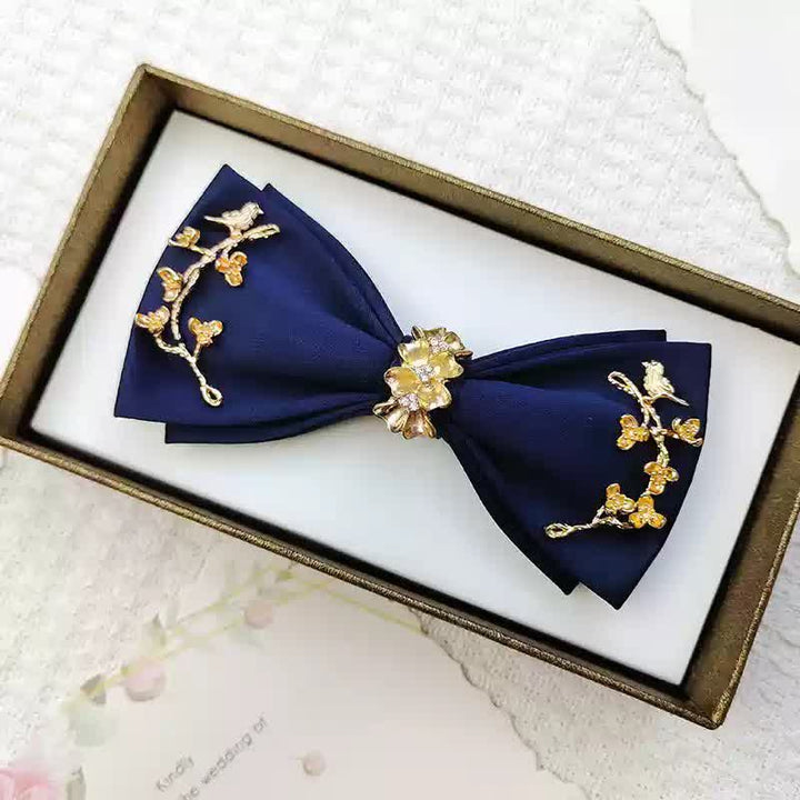 Men's Gold Metal Branches Bird Double Layers Bow Tie - Style #2 - Navy - image 4
