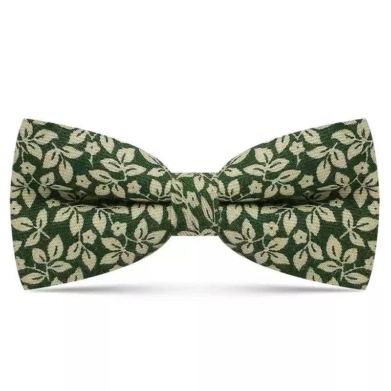 Men's Subtle White Leaves Plant Cotton Bow Tie - Green - image 1
