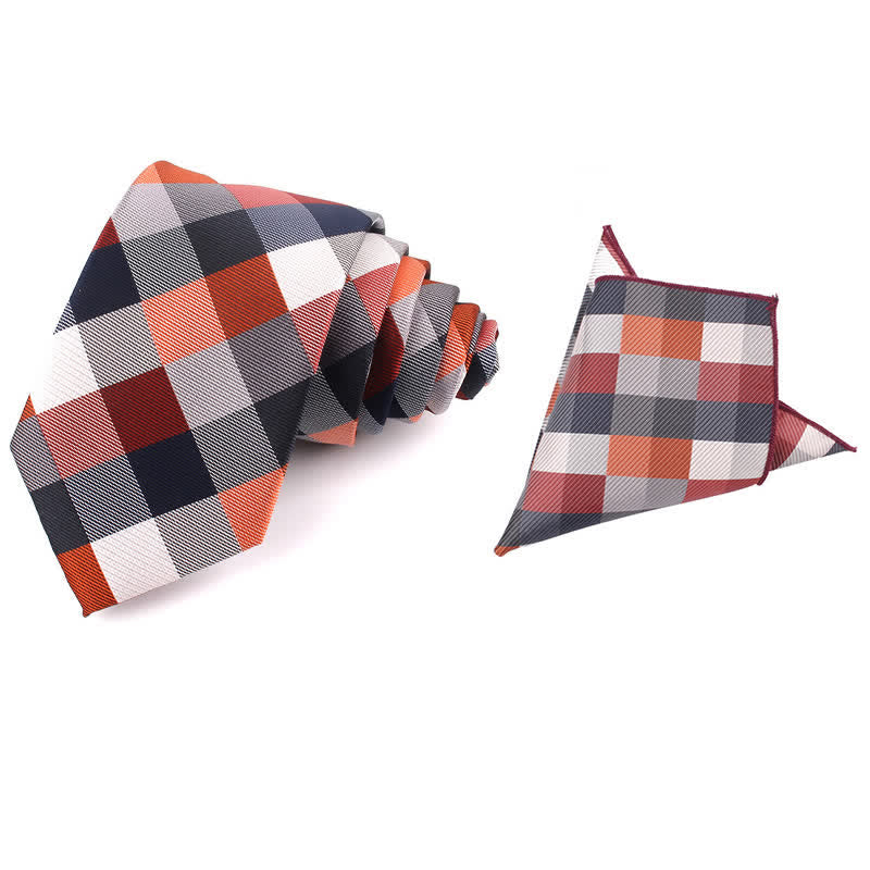 Men's Fashion Casual Modern Checked Narrow Necktie - Coral - Necktie + Handkerchief - image 12