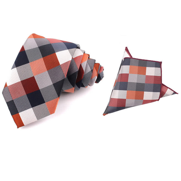 Men's Fashion Casual Modern Checked Narrow Necktie - Coral - Necktie + Handkerchief - image 12