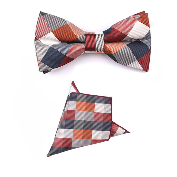 Men's Fashion Casual Modern Checked Narrow Necktie - Coral - Bow Tie + Handkerchief - image 13