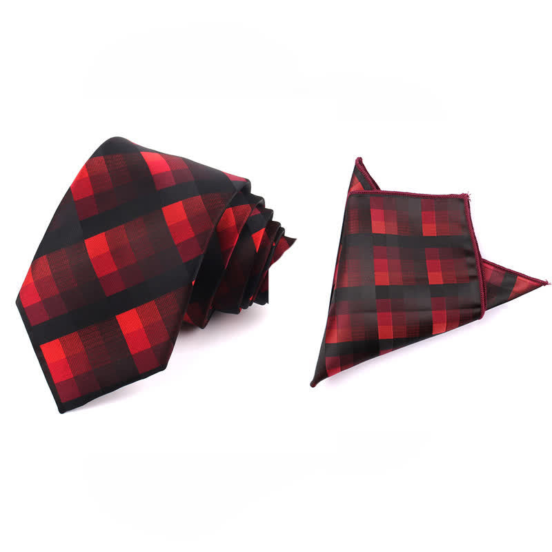 Men's Fashion Casual Modern Checked Narrow Necktie - Red - Necktie + Handkerchief - image 2