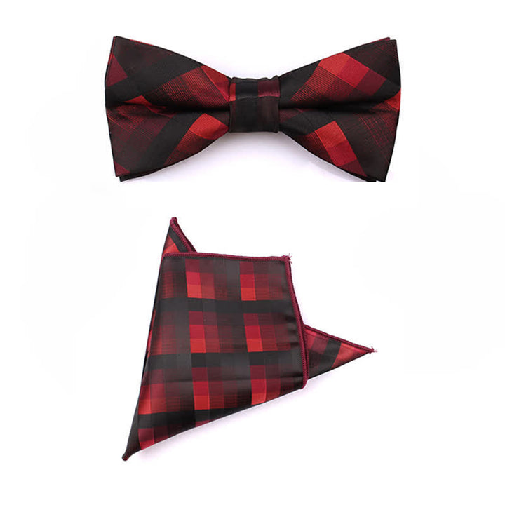 Men's Fashion Casual Modern Checked Narrow Necktie - Red - Bow Tie + Handkerchief - image 3