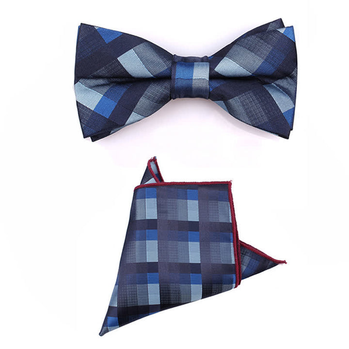 Men's Fashion Casual Modern Checked Narrow Necktie - Blue - Bow Tie + Handkerchief - image 18