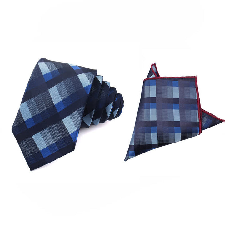 Men's Fashion Casual Modern Checked Narrow Necktie - Blue - Necktie + Handkerchief - image 17