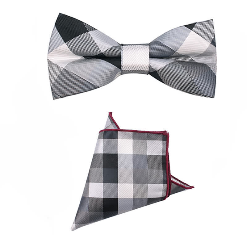 Men's Fashion Casual Modern Checked Narrow Necktie - Gray - Bow Tie + Handkerchief - image 23