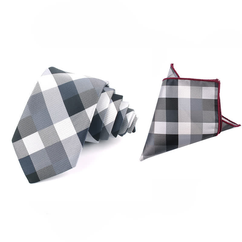 Men's Fashion Casual Modern Checked Narrow Necktie - Gray - Necktie + Handkerchief - image 22