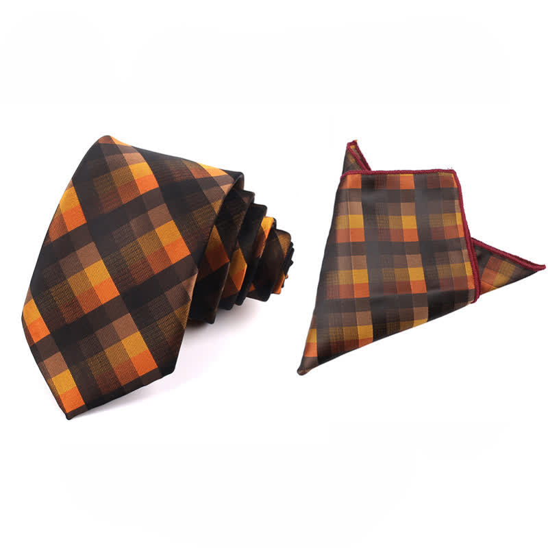 Men's Fashion Casual Modern Checked Narrow Necktie - Orange - Necktie + Handkerchief - image 27