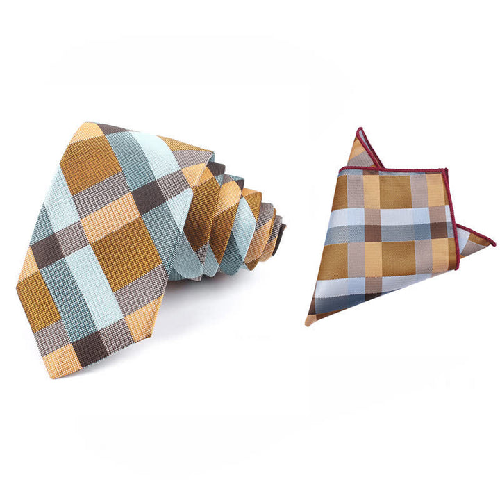 Men's Fashion Casual Modern Checked Narrow Necktie - Khaki - Necktie + Handkerchief - image 42