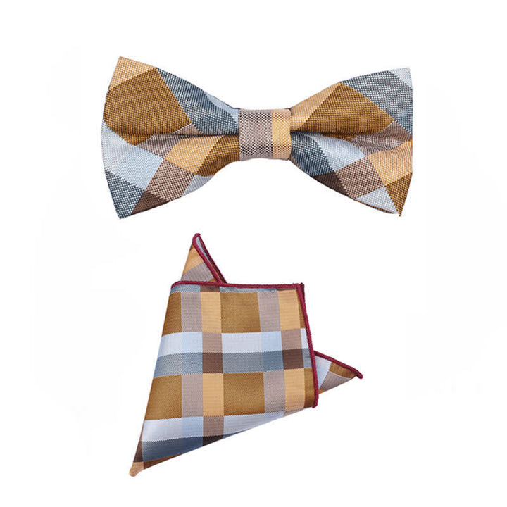 Men's Fashion Casual Modern Checked Narrow Necktie - Khaki - Bow Tie + Handkerchief - image 43