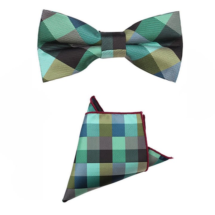 Men's Fashion Casual Modern Checked Narrow Necktie - Green - Bow Tie + Handkerchief - image 33