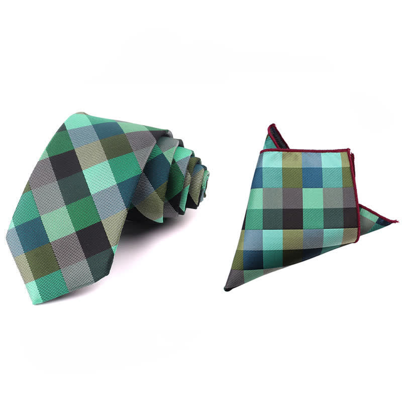 Men's Fashion Casual Modern Checked Narrow Necktie - Green - Necktie + Handkerchief - image 32