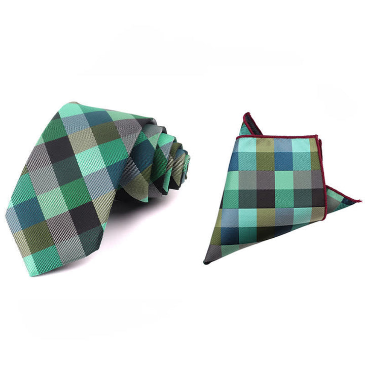 Men's Fashion Casual Modern Checked Narrow Necktie - Green - Necktie + Handkerchief - image 32