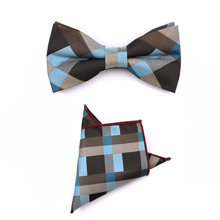 Men's Fashion Casual Modern Checked Narrow Necktie - Sky Blue - Bow Tie + Handkerchief - image 38