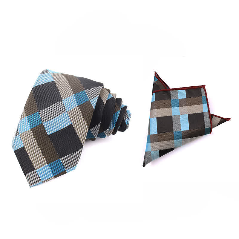 Men's Fashion Casual Modern Checked Narrow Necktie - Sky Blue - Necktie + Handkerchief - image 37