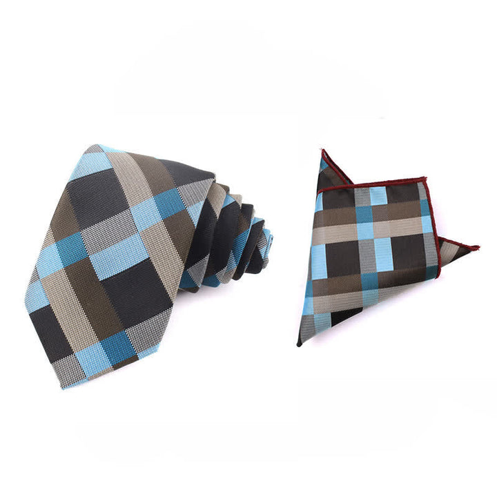 Men's Fashion Casual Modern Checked Narrow Necktie - Sky Blue - Necktie + Handkerchief - image 37