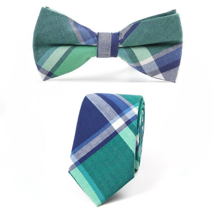 Men's Trendy Plaid Pattern Bow Tie Handkerchief Necktie - Style #9 - 2Pcs - image 38
