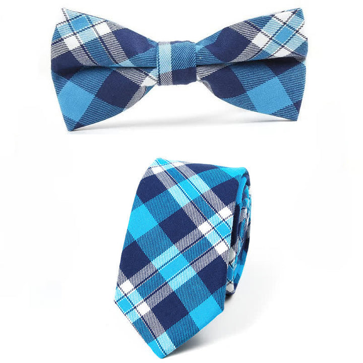 Men's Trendy Plaid Pattern Bow Tie Handkerchief Necktie - Style #14 - 2Pcs - image 53