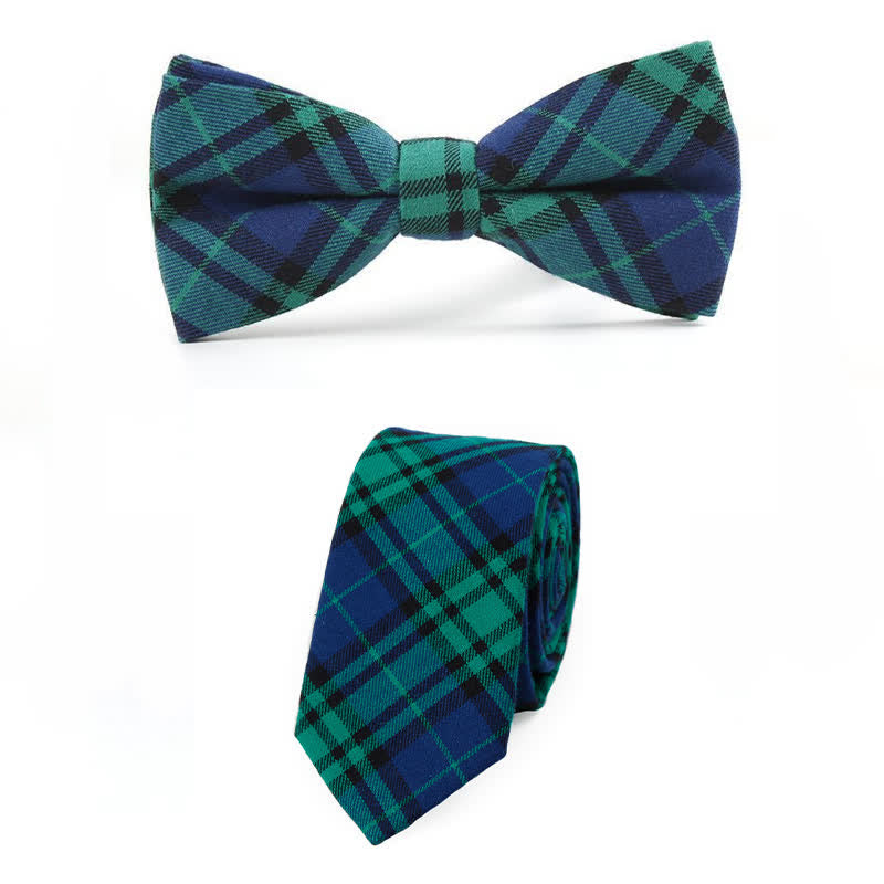 Men's Trendy Plaid Pattern Bow Tie Handkerchief Necktie - Style #1 - 2Pcs - image 5