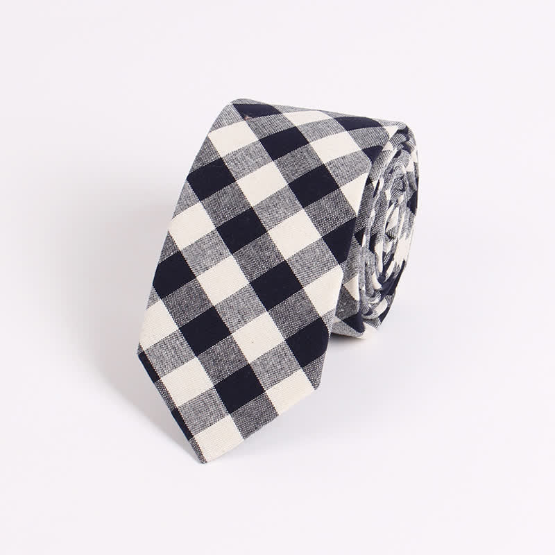 Men's Fresh Striped Plaid Pattern Skinny Cotton Necktie - Black Checked - image 4
