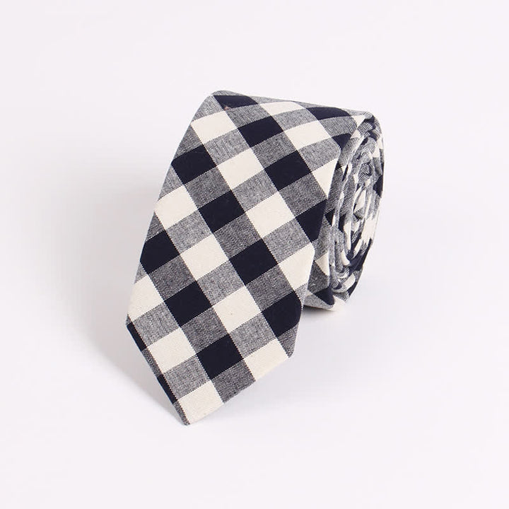 Men's Fresh Striped Plaid Pattern Skinny Cotton Necktie - Black Checked - image 4