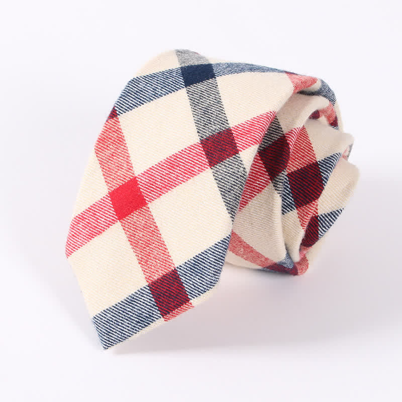 Men's Fresh Striped Plaid Pattern Skinny Cotton Necktie - Beige Checked - image 8