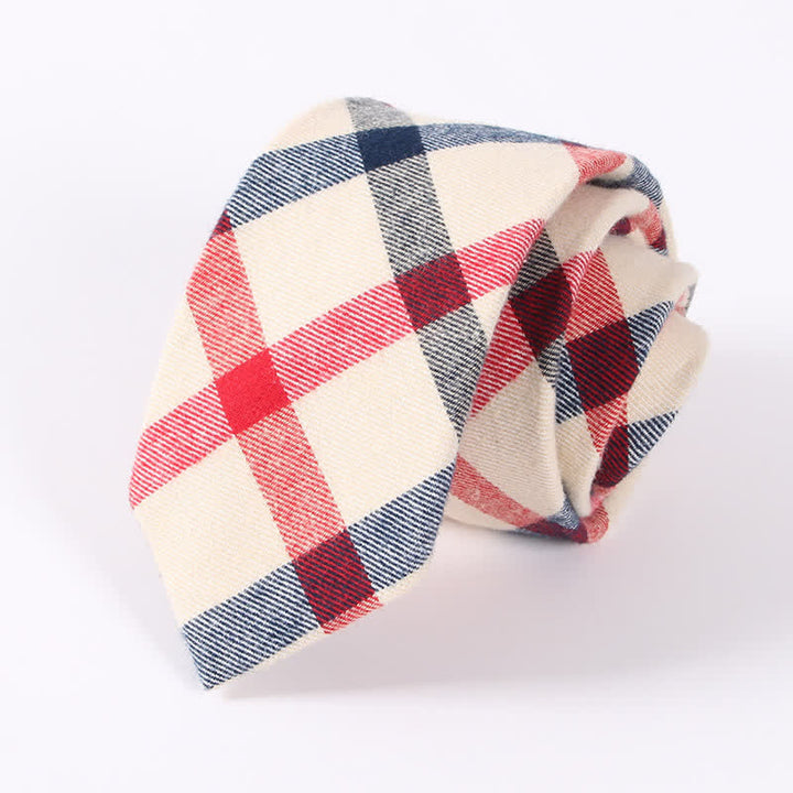 Men's Fresh Striped Plaid Pattern Skinny Cotton Necktie - Beige Checked - image 8