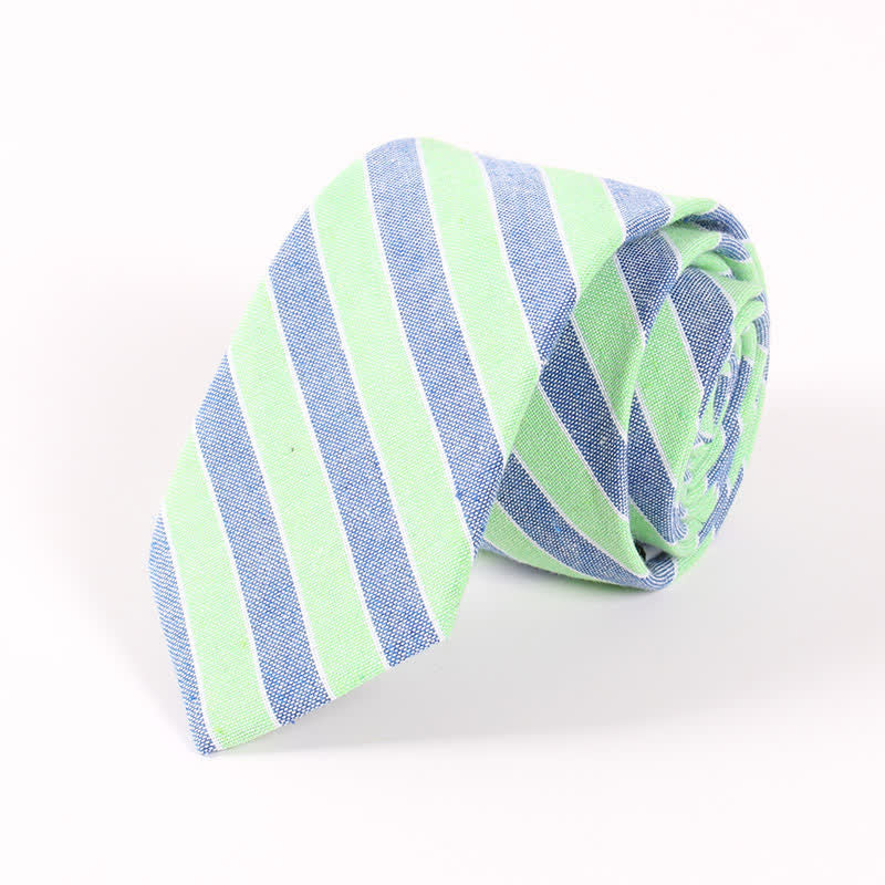 Men's Fresh Striped Plaid Pattern Skinny Cotton Necktie - Green & Blue Striped - image 12