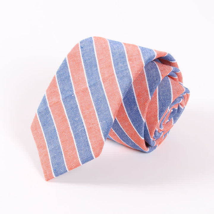 Men's Fresh Striped Plaid Pattern Skinny Cotton Necktie - Red & Blue Striped - image 11