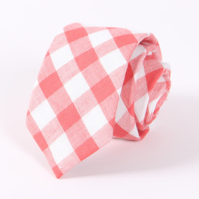 Men's Fresh Striped Plaid Pattern Skinny Cotton Necktie - Light Red Checked - image 0