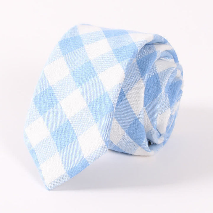Men's Fresh Striped Plaid Pattern Skinny Cotton Necktie - Sky Blue Checked - image 1