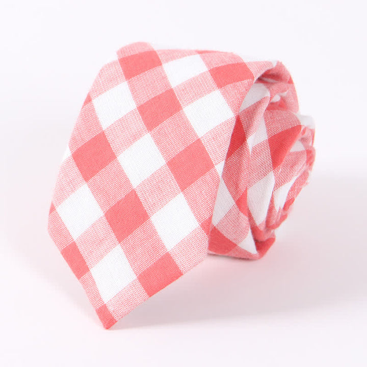 Men's Fresh Striped Plaid Pattern Skinny Cotton Necktie - Light Red Checked - image 0