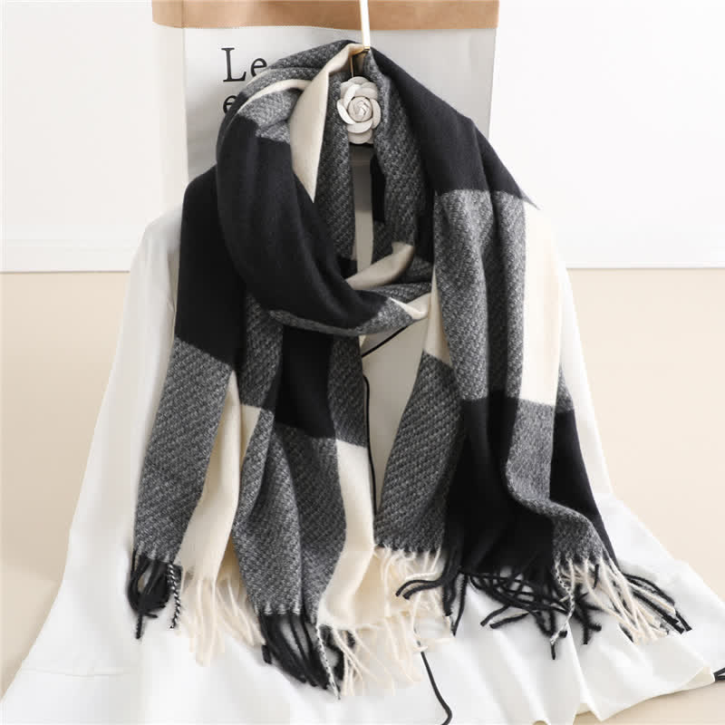 Unisex Fringed Plaid Striped Winter Warm Scarf - Black & White - image 1