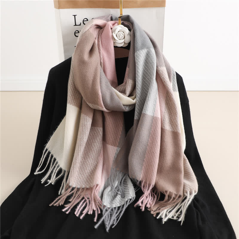 Unisex Fringed Plaid Striped Winter Warm Scarf - Light Pink - image 12
