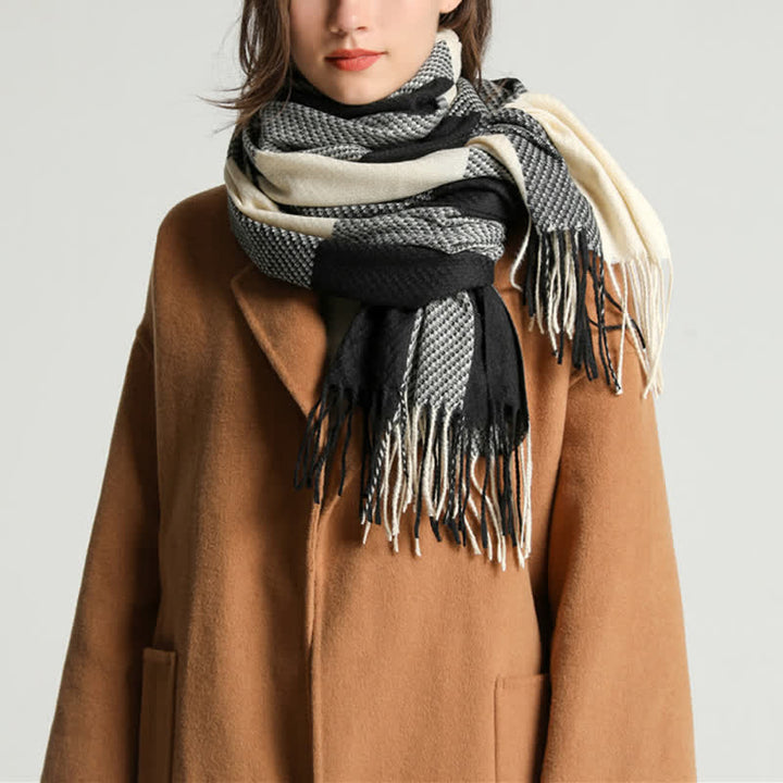Unisex Fringed Plaid Striped Winter Warm Scarf - image 3