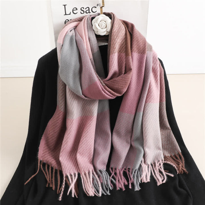 Unisex Fringed Plaid Striped Winter Warm Scarf - Pink - image 10