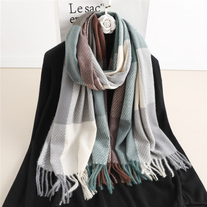 Unisex Fringed Plaid Striped Winter Warm Scarf - Brown & Green - image 8