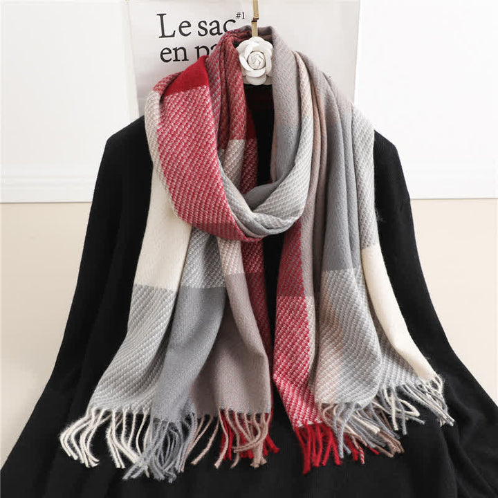 Unisex Fringed Plaid Striped Winter Warm Scarf - Red & Gray - image 7
