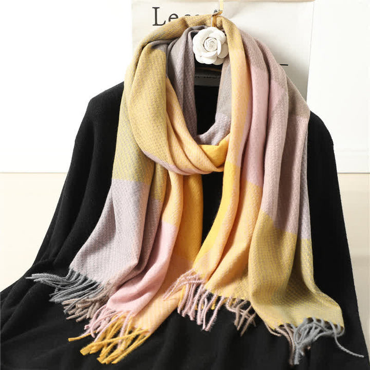 Unisex Fringed Plaid Striped Winter Warm Scarf - Yellow - image 14