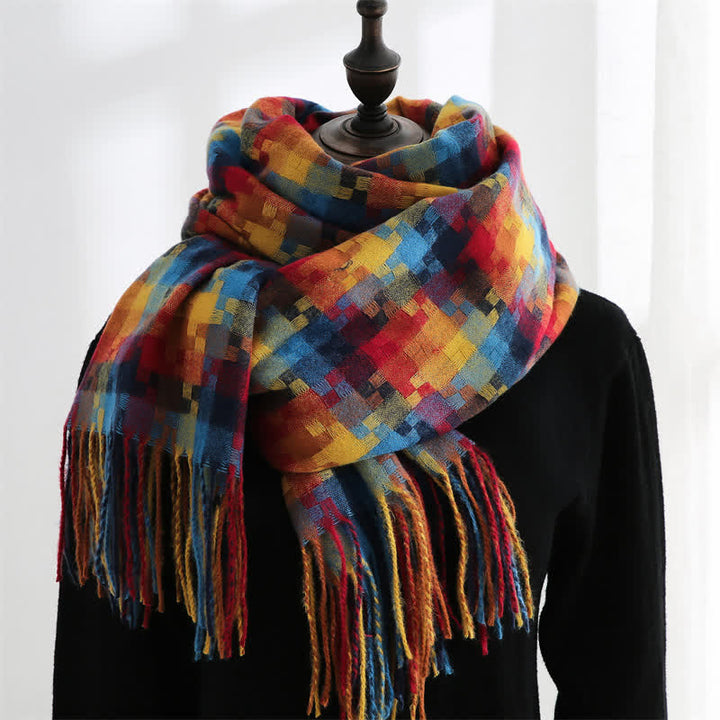 Unisex Multicoloured Jigsaw Shaped Fringe Soft Scarf - Red & Blue - image 1