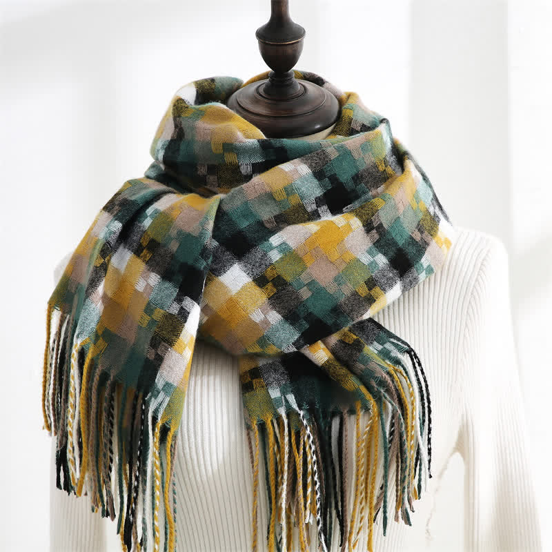 Unisex Multicoloured Jigsaw Shaped Fringe Soft Scarf - Yellow & Green - image 16