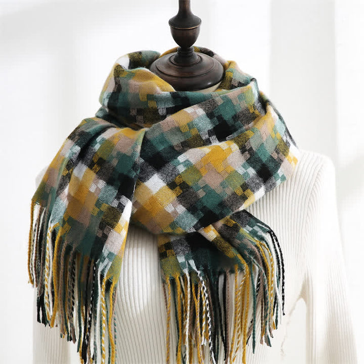 Unisex Multicoloured Jigsaw Shaped Fringe Soft Scarf - Yellow & Green - image 16