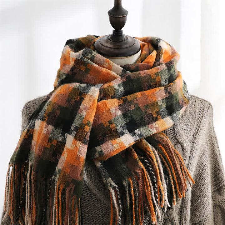 Unisex Multicoloured Jigsaw Shaped Fringe Soft Scarf - Orange - image 12