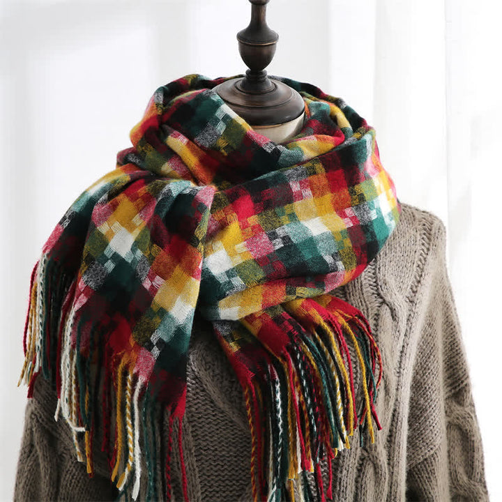 Unisex Multicoloured Jigsaw Shaped Fringe Soft Scarf - Red & Dark Green - image 14