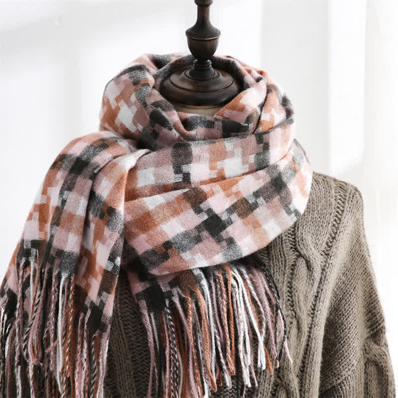Unisex Multicoloured Jigsaw Shaped Fringe Soft Scarf - Light Pink - image 10