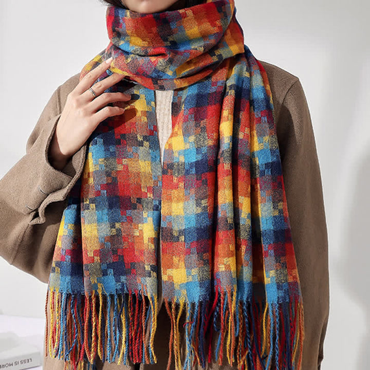 Unisex Multicoloured Jigsaw Shaped Fringe Soft Scarf - image 3