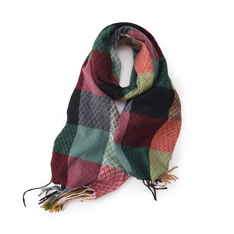 Unisex Contrasting Colors Checked Elegant Fringe Scarf - Dark Green - image 4